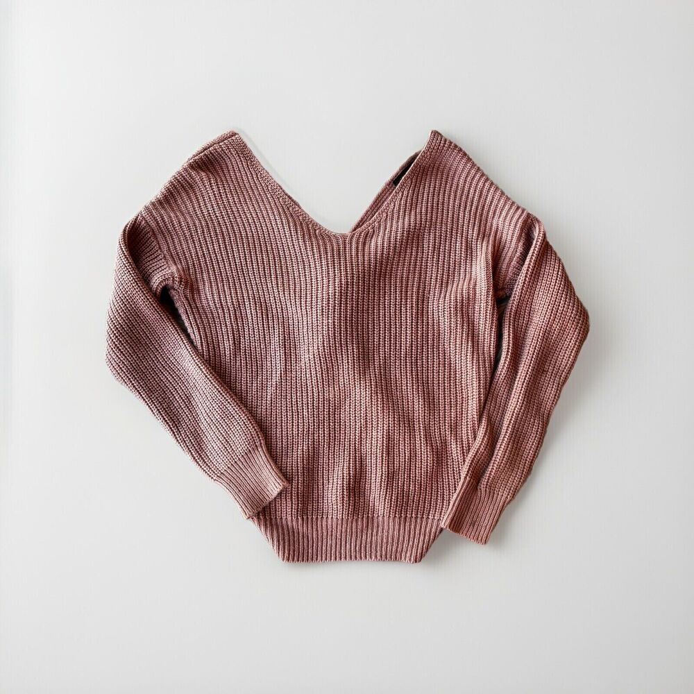 LOVE TREE Sweater Sz S Blush Pink Mauve V Neck Open Back Knotted Casual READ